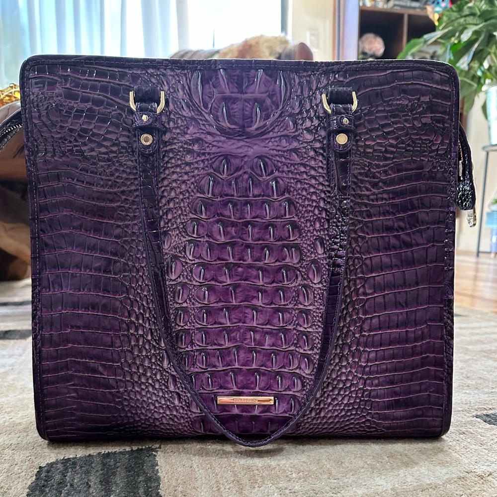 Brahmin Purple Crocodile-Embossed Tote with Silver Hardware
